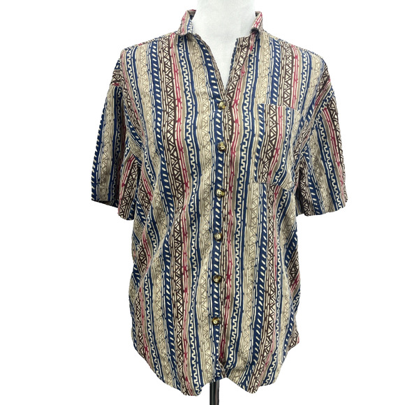 Vtg Jantzen Classics 41 Chest Button Up Short Sleeve Shirt Aztec Print Neutrals - Picture 1 of 6